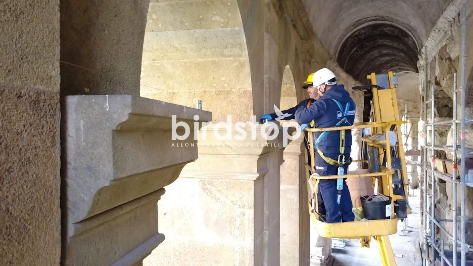 Operatori su piattaforma durante installazione sistemi anti-piccioni nel Teatro di Marcello.