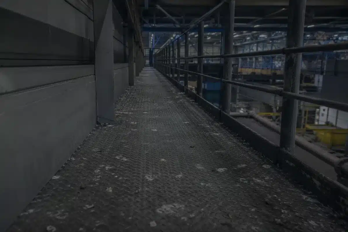 Camminamento metallico di servizio in un capannone industriale con il piano di calpestio sporco di escrementi di piccione